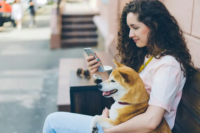 Mulher sentada em um banco na rua com um cachorro no colo, olhando para o celular que segura na mão.
