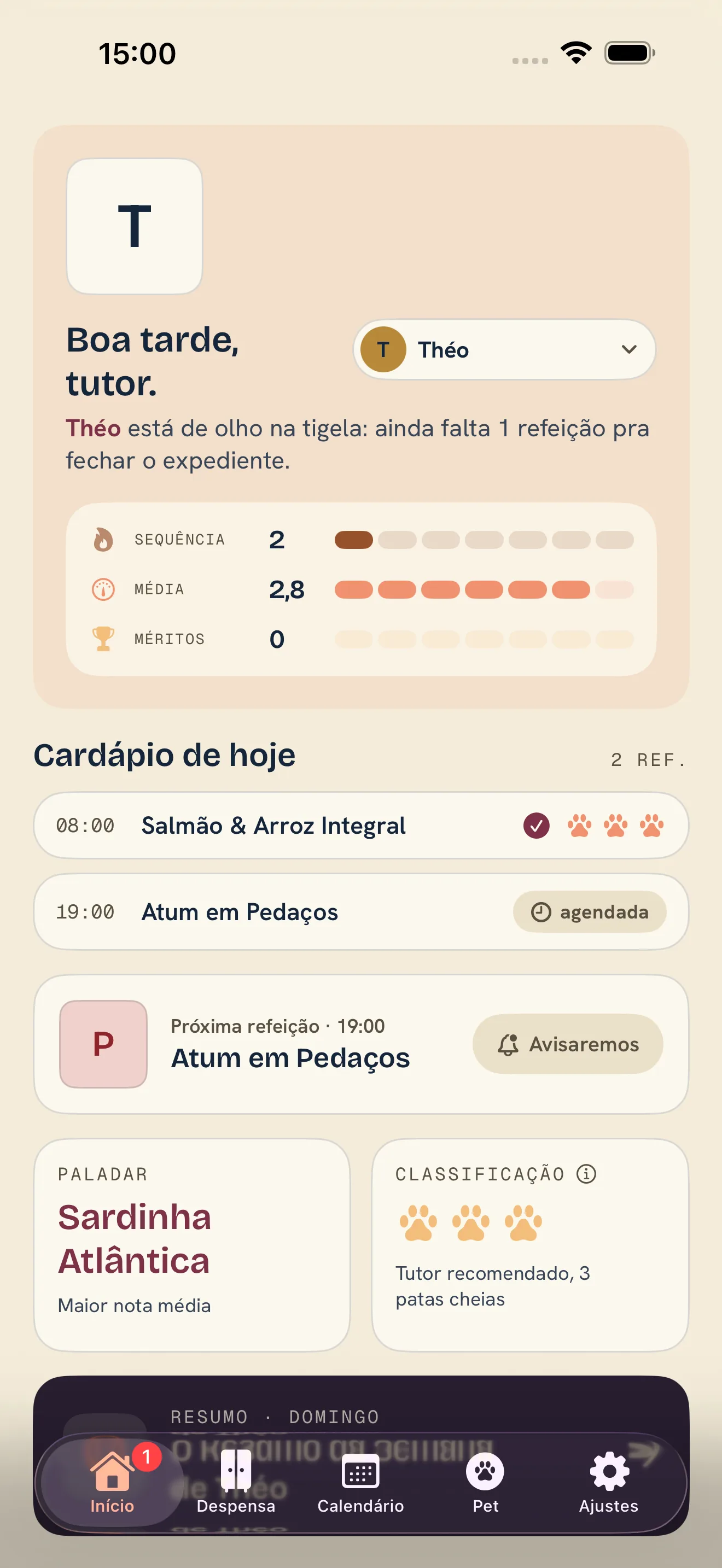 Tela inicial do app Tigela Boa com o cardápio do dia, a sequência de registros e a média de patas do pet.