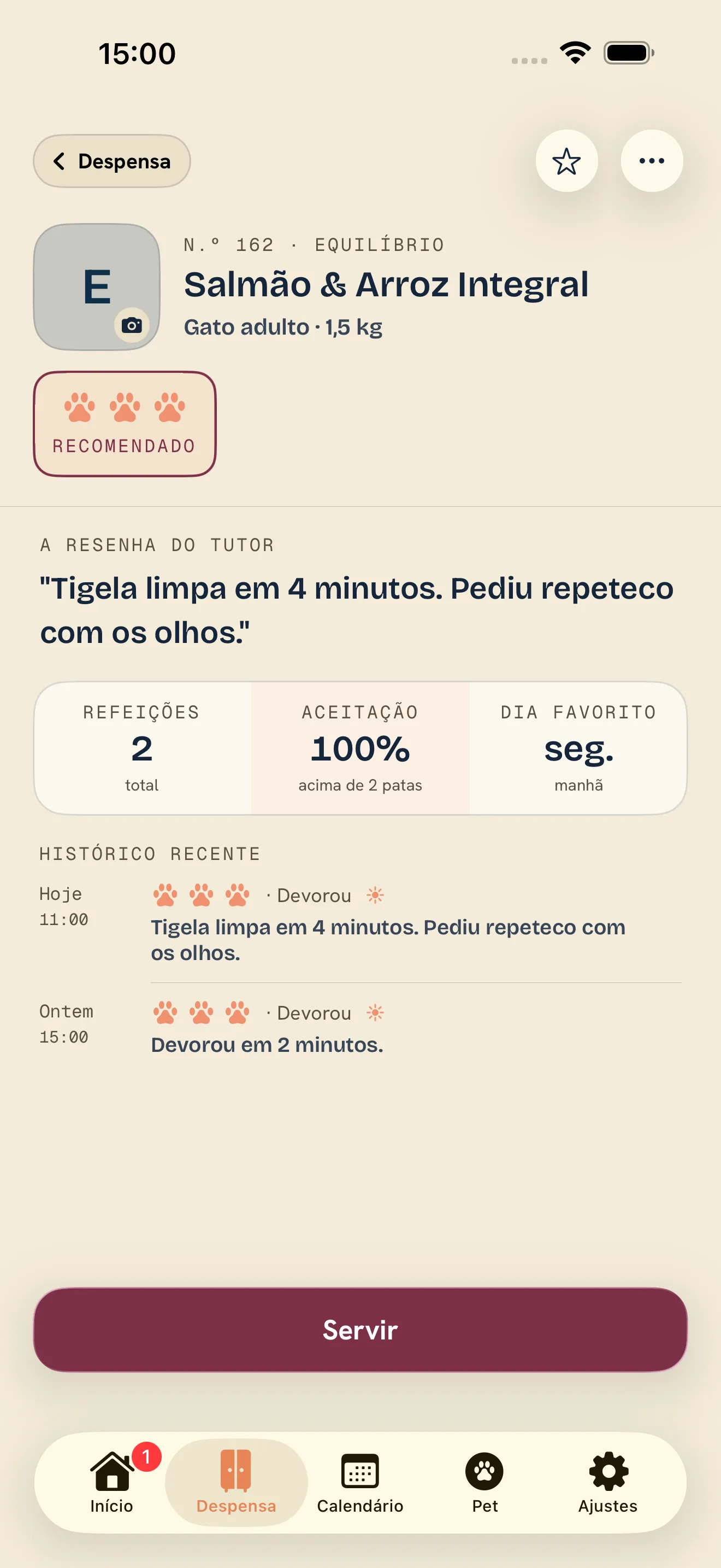 Ficha de um alimento no app Tigela Boa com a resenha do tutor, a taxa de aceitação e o histórico de refeições.
