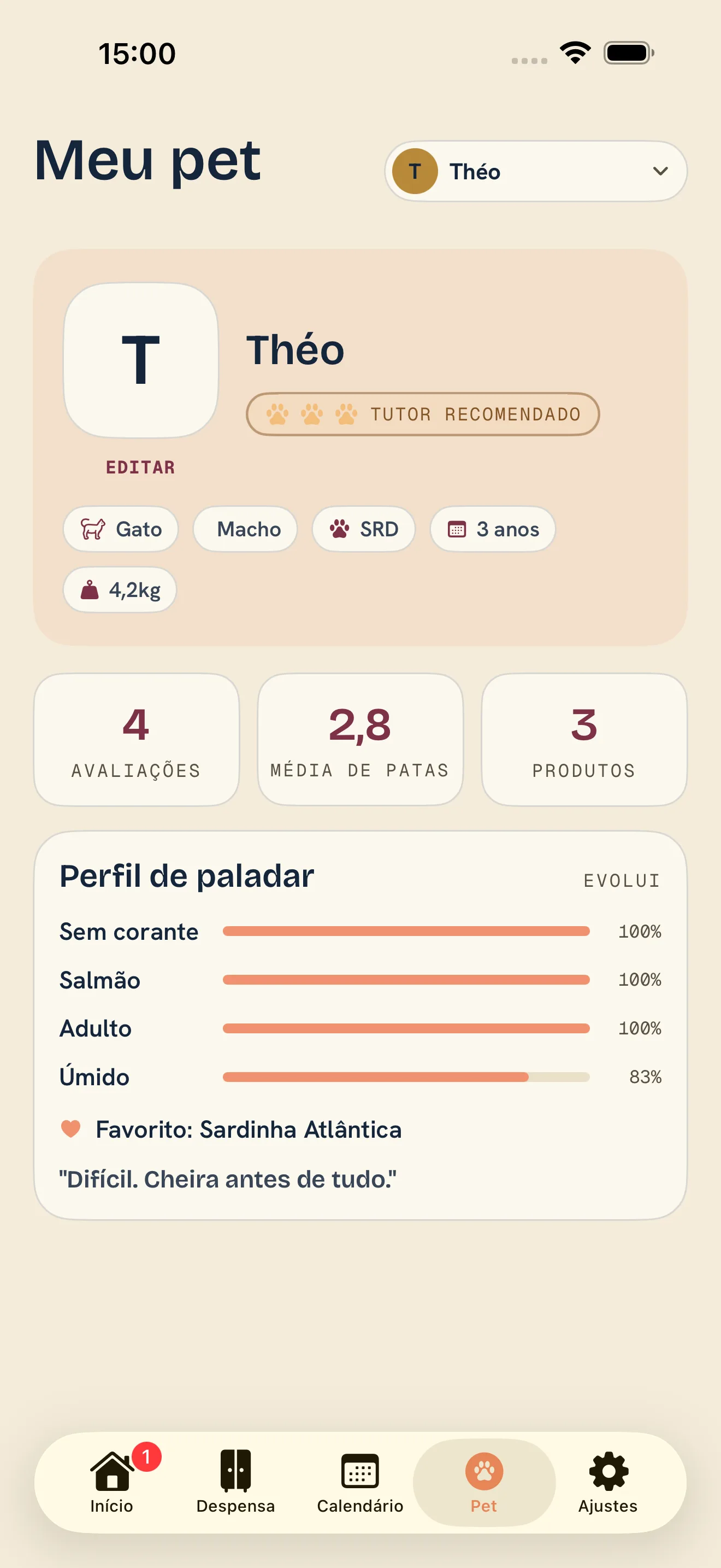 Perfil do pet no app Tigela Boa: sabores preferidos, tipo de ração, marca favorita e restrições alimentares.