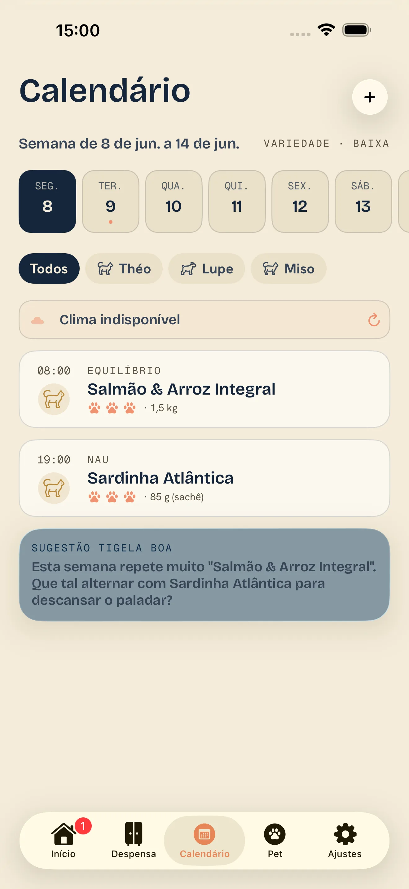 Calendário de refeições do Tigela Boa com sugestões para variar a alimentação do pet ao longo da semana.